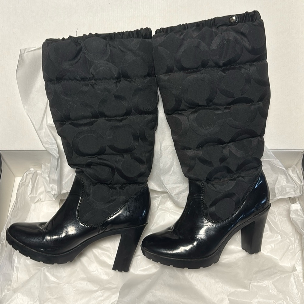 Coach Loryn Q385 Black Winter Boots Quilted Insulated Winter High Heel Size 8.5